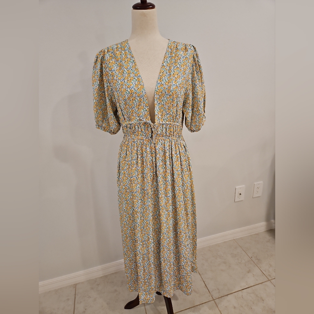 Faithfull the Brand Floral Midi Dress Puff Sleeve Deep V Rayon Size L